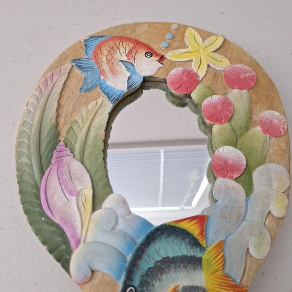 Vtg Tropical Fish Underwater Solid Wood Carved Handheld Mirror INDONESIA 14